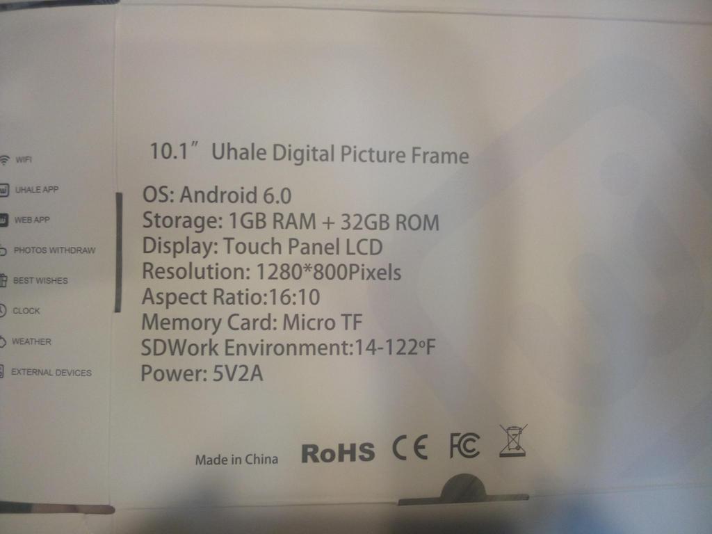 A picture of the Uhale digital photo frame's box stating the frame runs on Android 6