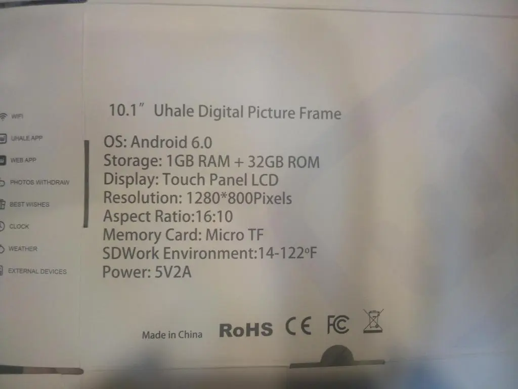 A picture of the Uhale digital photo frame's box stating the frame runs on Android 6